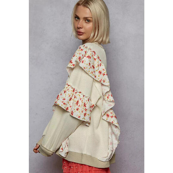 Round Neck Sweater with Floral Ruffle Detail - Picture 3 of 5